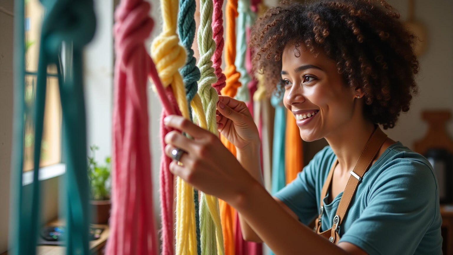 Como Fazer Macramê do Zero: O Guia Definitivo para Começar Mulher ensinando macramê em workshop vibrante.