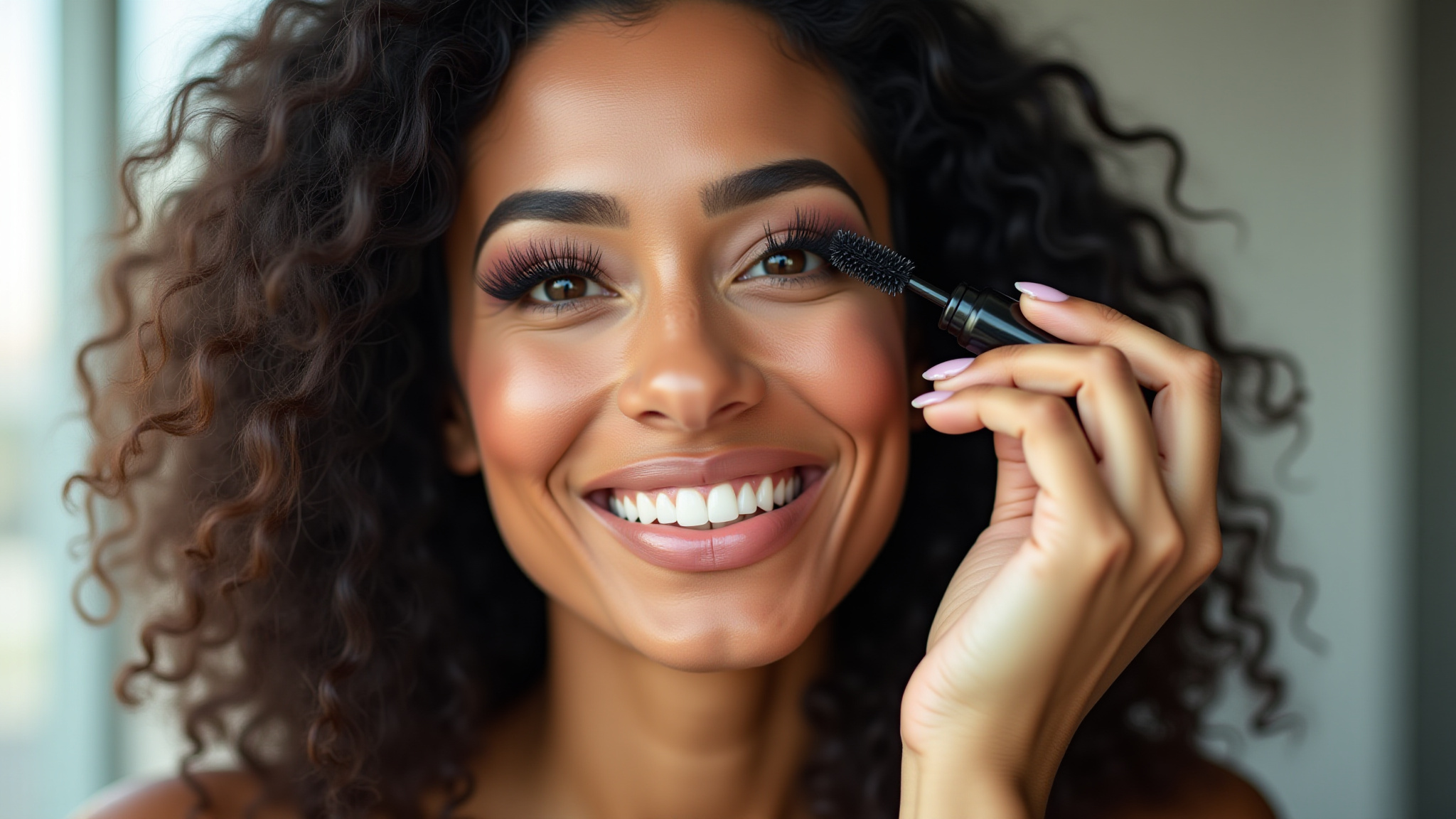 Mulher brasileira sorrindo aplicando máscara de cílios para volume e alongamento extremo.