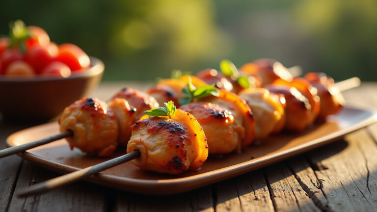 Espetinhos de frango coloridos e apetitosos.