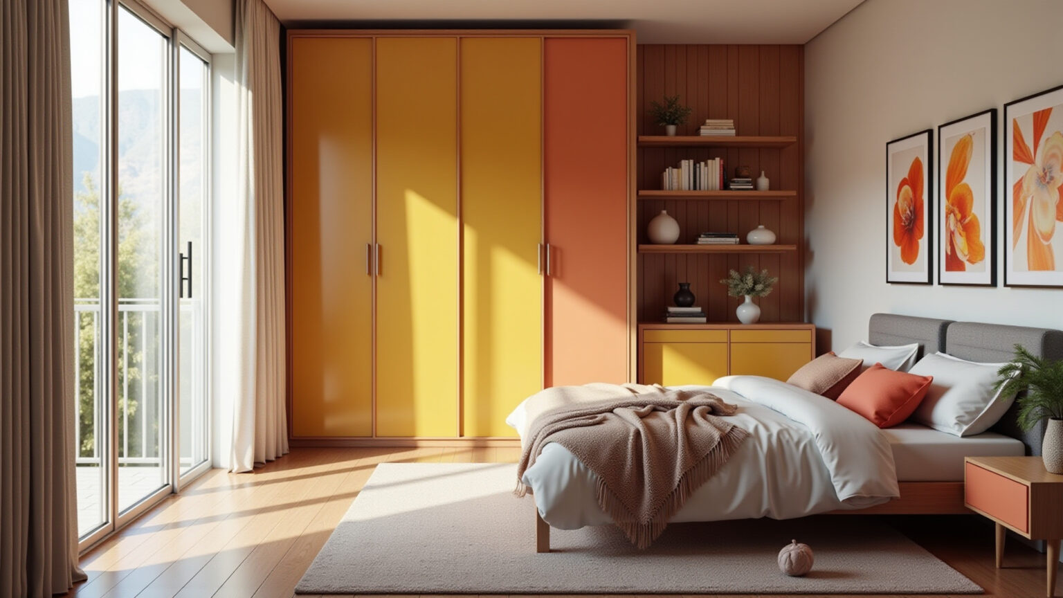 Quarto de casal com guarda-roupa de MDF montável e decoração vibrante.