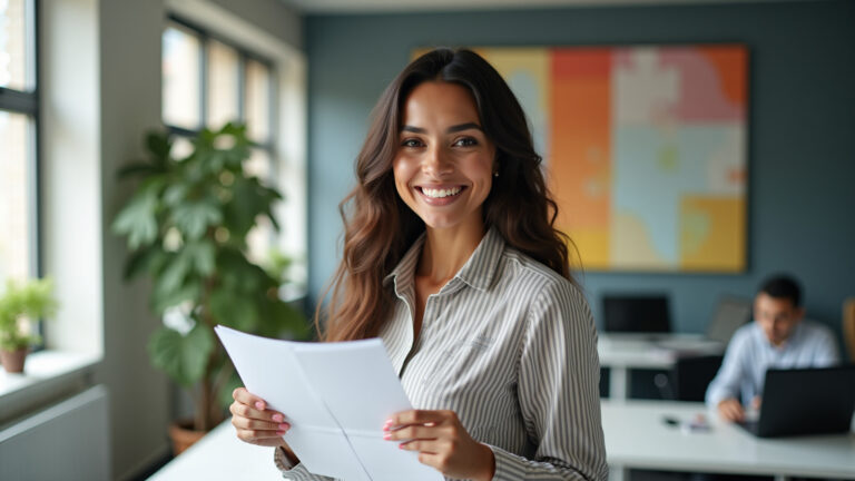 Jovem profissional brasileira sorrindo com currículo.