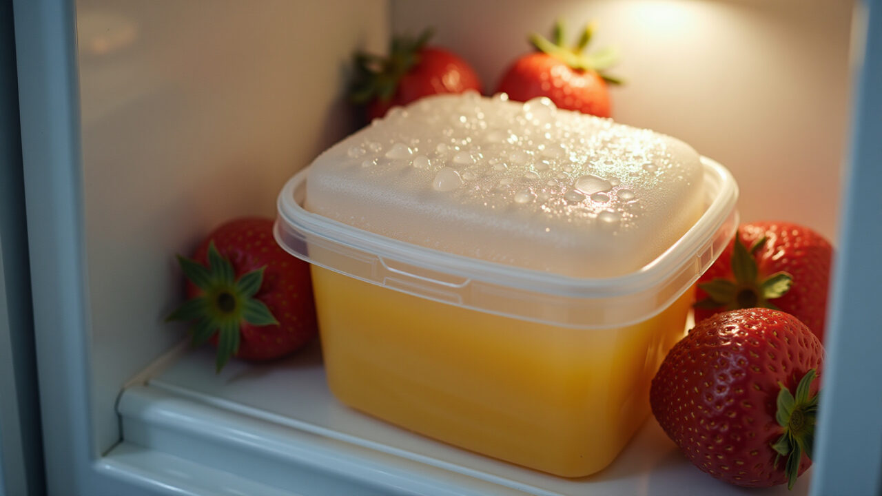 Feijão being defrosted in a refrigerator, visible condensation on the container. 8K quality, sharp Descongelando feijão na geladeira