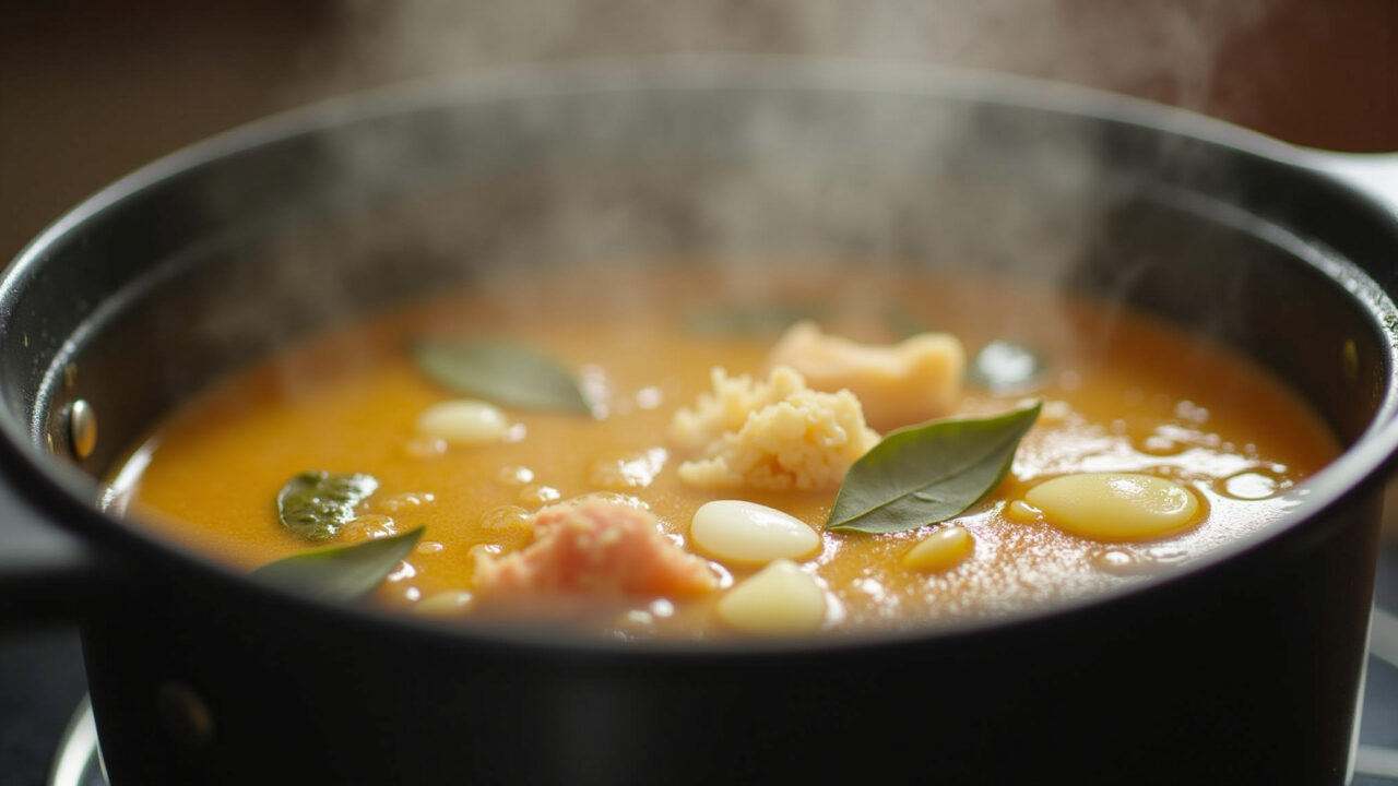 Feijão simmering in a pot on a stove, close-up, steam rising, with visible garlic, onion, and bay Feijão cozinhando no ponto certo