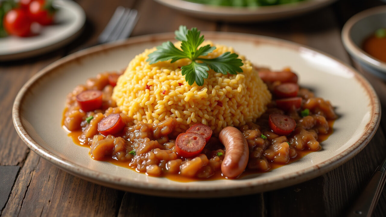 Feijão tropeiro with rice, bacon, sausage, served on a rustic plate. Traditional Brazilian food, Feijão tropeiro com arroz e linguiça.