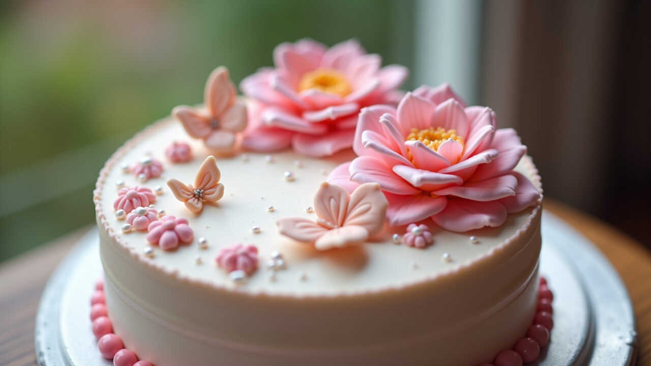 Feminine decorated cake with flowers, butterflies, and pearls, sharp focus, 8K quality, Bolo decorado feminino com flores, borboletas e pérolas.