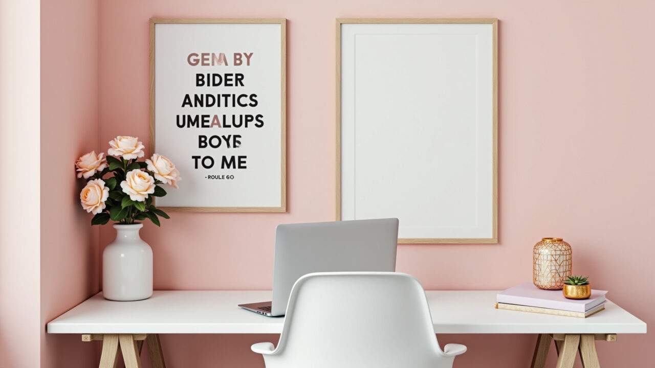 Feminine modern office, pastel colors, flower vase, inspiring quote art, soft light, desk with Escritório moderno feminino com cores claras e toques delicados.
