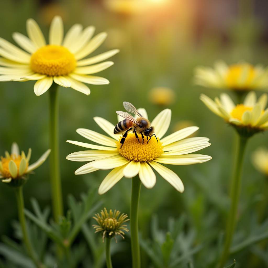 Fennel flowers attracting bees in a garden, sunlight, organic gardening, 8K quality, sharp focus, Erva doce atraindo polinizadores.