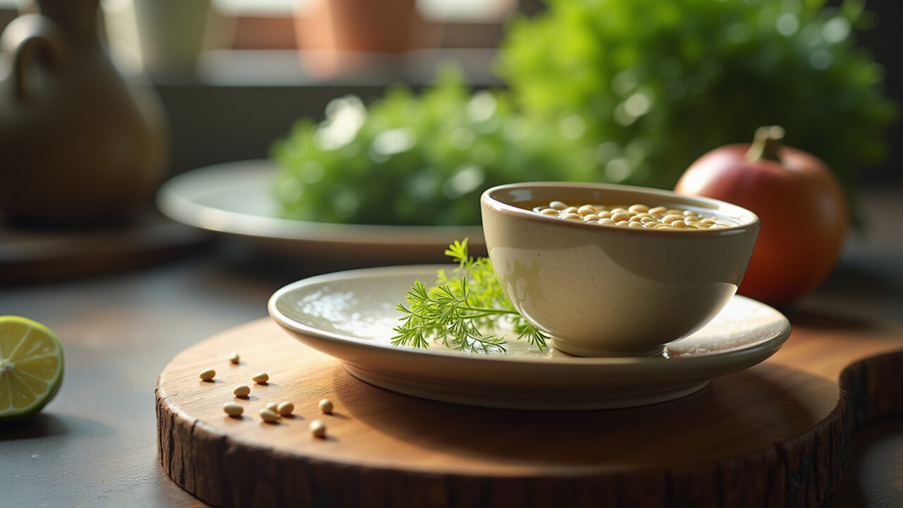 Fennel seeds steeping in hot water, calming scene, soft light, Brazilian kitchen, professional Chá de erva-doce para acalmar o estômago e reduzir gases.