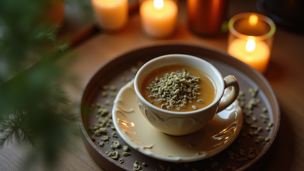 Fennel tea preparation, seeds, warm light, cozy setting, professional photography, 8k, Brazilian Chá de funcho sendo preparado, alívio para gases.