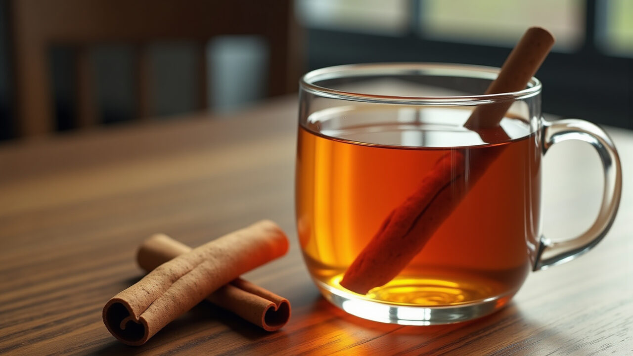 Fennel tea with cinnamon stick in a glass, on a wooden table. Natural lighting, 8K quality, Chá de erva-doce e canela para emagrecer.