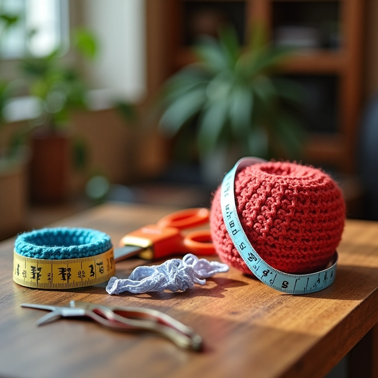 Ferramentas de crochê: tesoura, fita métrica e marcadores de ponto sobre superfície de madeira.