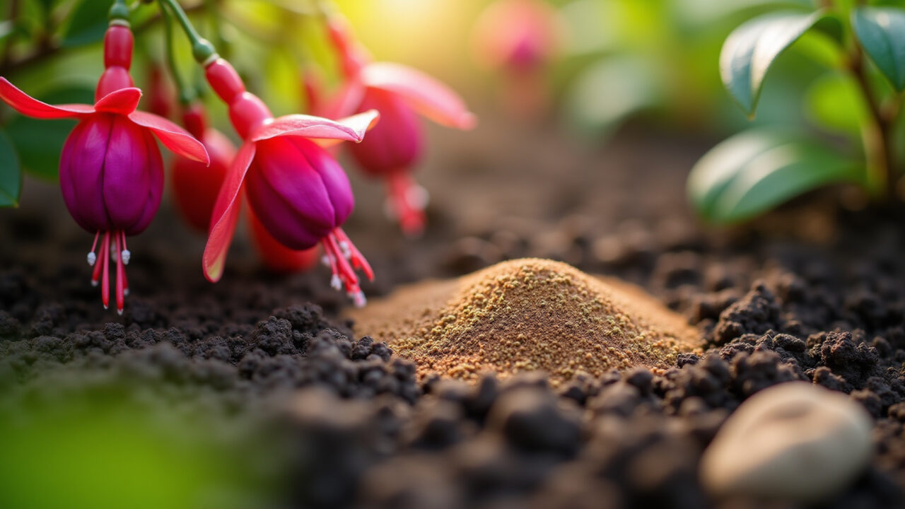Fertilizing fuchsia 'brinco de princesa', close-up of fertilizer granules, healthy soil, 8k, sharp Adubando brinco de princesa