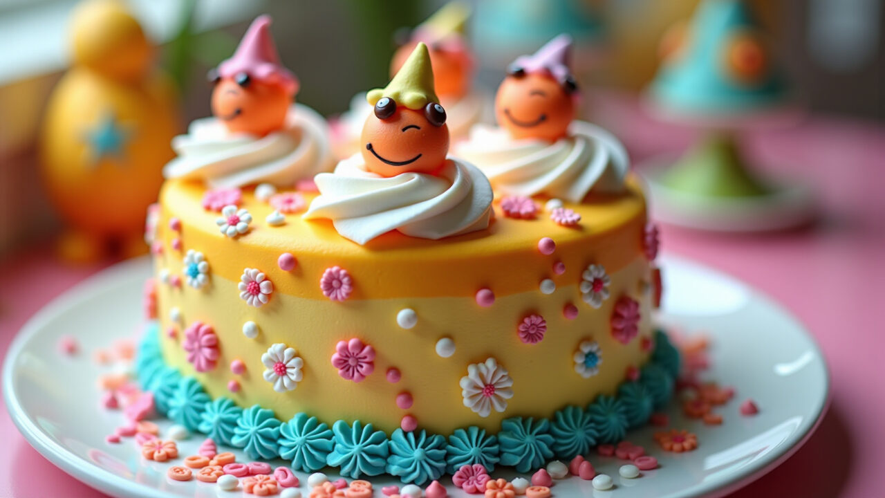 Festive, 8K, professional photography of a chantilly cake for kids, vibrant colors, fun sprinkles, Bolo de chantilly com tema infantil.