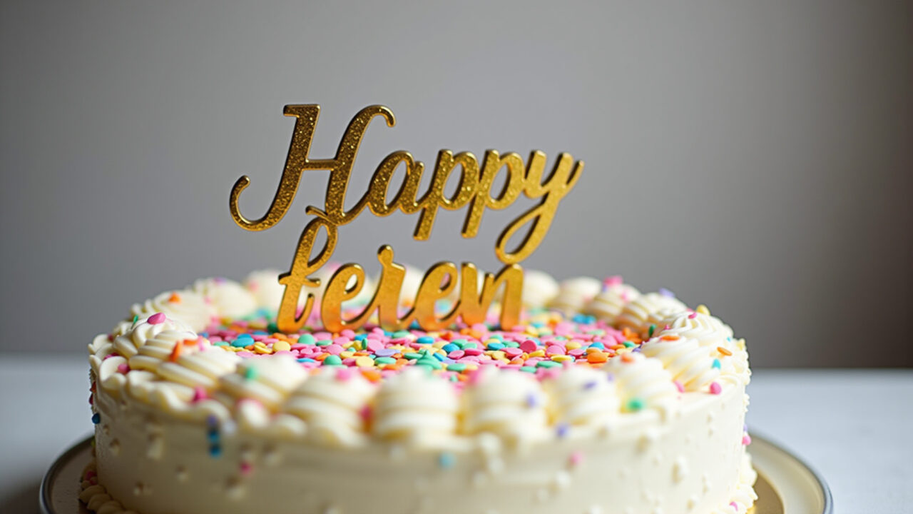 Festive cake topper with confetti, colorful and joyful, professional photography, 8K quality, sharp Topper de bolo festivo com confetes coloridos.