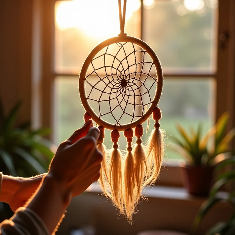 Filtro dos sonhos pronto sendo segurado em frente à luz.