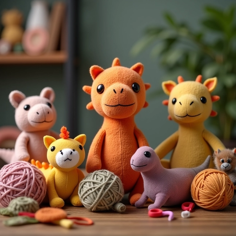 Fios de crochê coloridos ao redor de dinossauros amigurumi.
