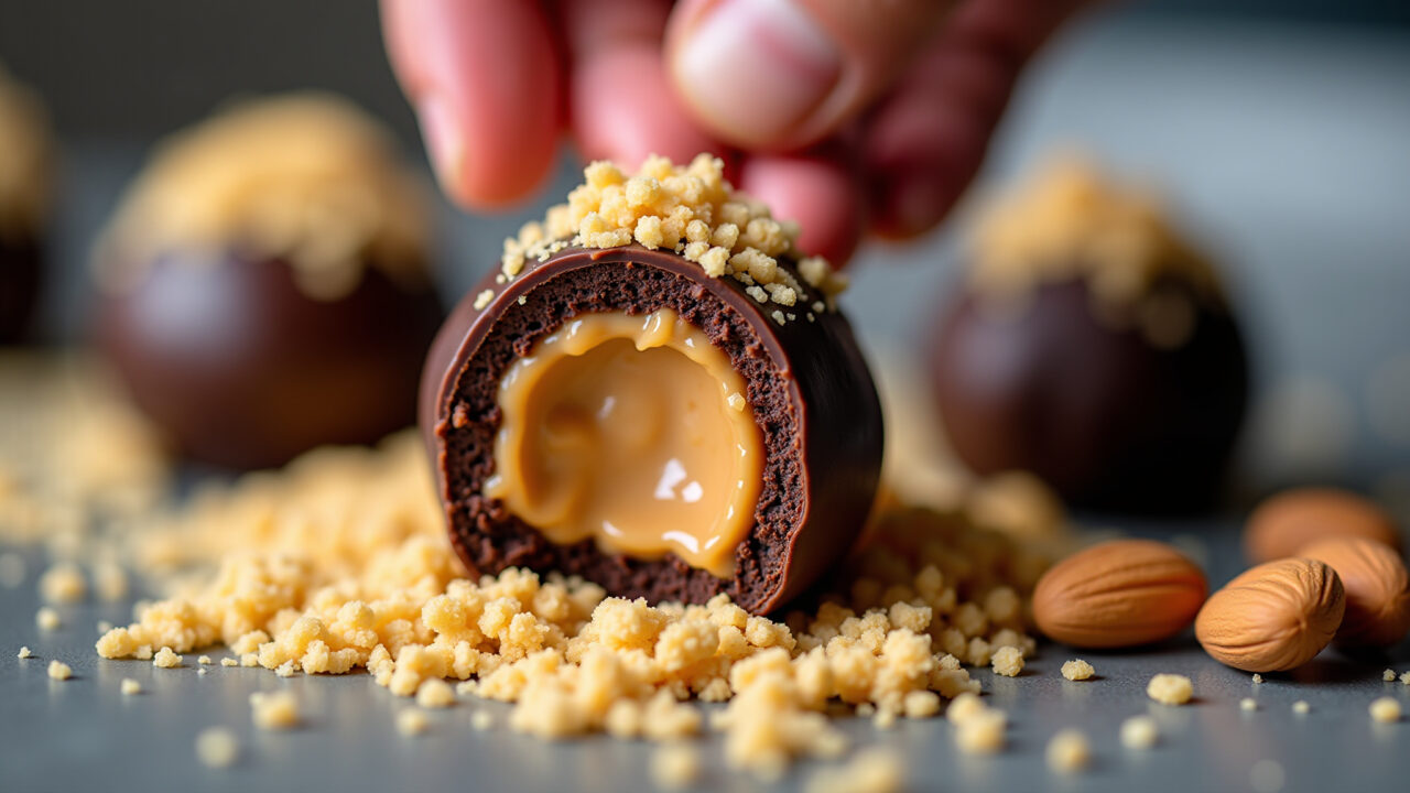 Fit peanut butter brigadeiro being rolled in crushed peanuts, dark chocolate, 8K, professional Brigadeiro fit de pasta de amendoim sendo enrolado em amendoim triturado.
