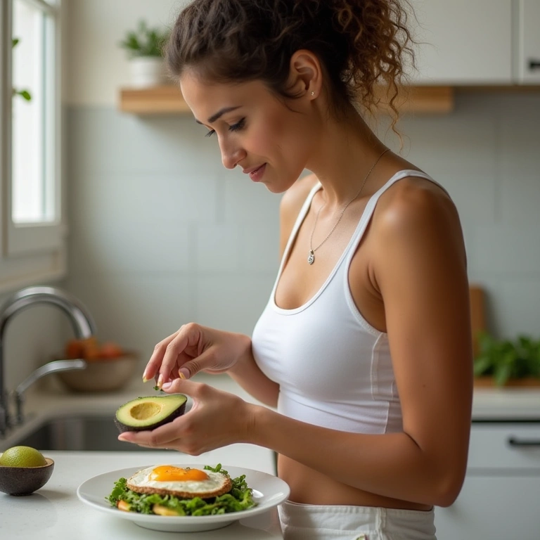 Fit woman preparing keto meal with avocado and eggs, bright kitchen, natural lighting, brazilian Mulher preparando refeição cetogênica com abacate e ovos.