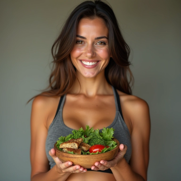 Fit woman smiling, holding keto meal, positive hormonal balance, professional photography, 8K Mulher feliz com dieta cetogênica.
