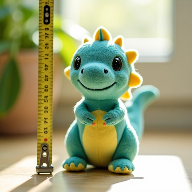 Fita métrica mostrando o tamanho de um amigurumi de Braquiossauro.
