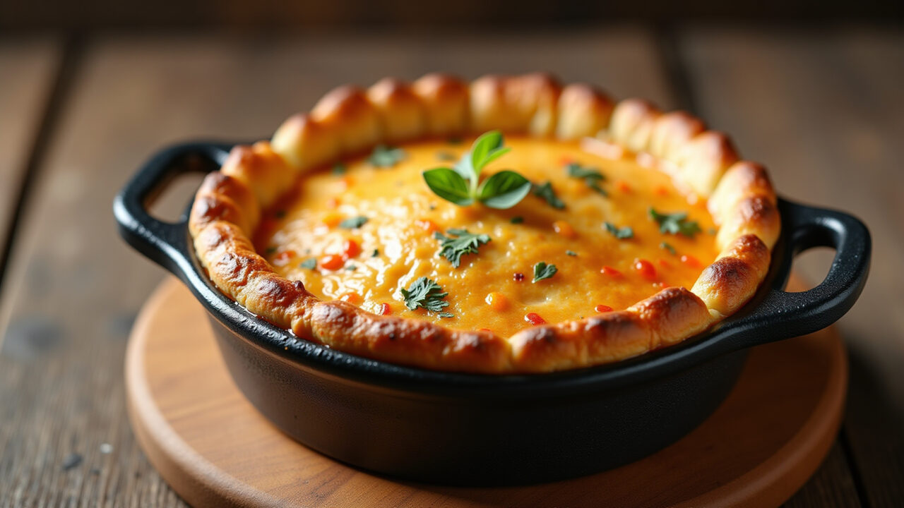 Flaky chicken pot pie, golden brown, rustic wooden table, side view, professional photography, 8K Pastel assado de galinha picada com requeijão.