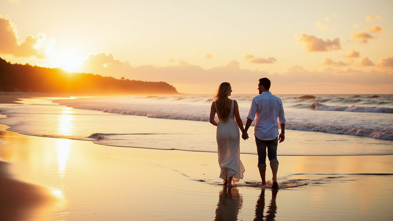 Florianópolis honeymoon, couple walking hand-in-hand on Joaquina beach at sunset. Professional Casal apaixonado caminha na praia da Joaquina em Florianópolis.