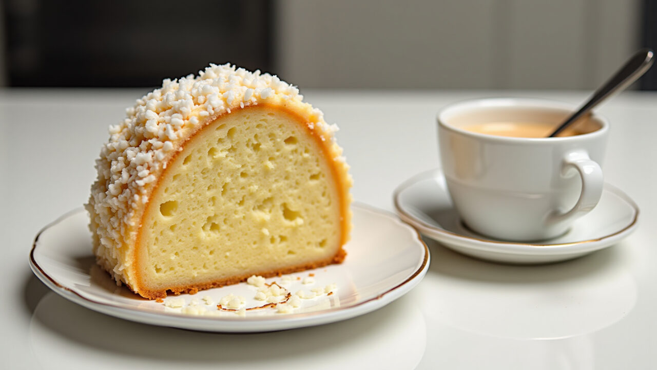 Fluffy bolo de polvilho doce, slice on a plate, coconut flakes, cup of coffee, bright kitchen, Bolo de polvilho doce fofinho e sem glúten.