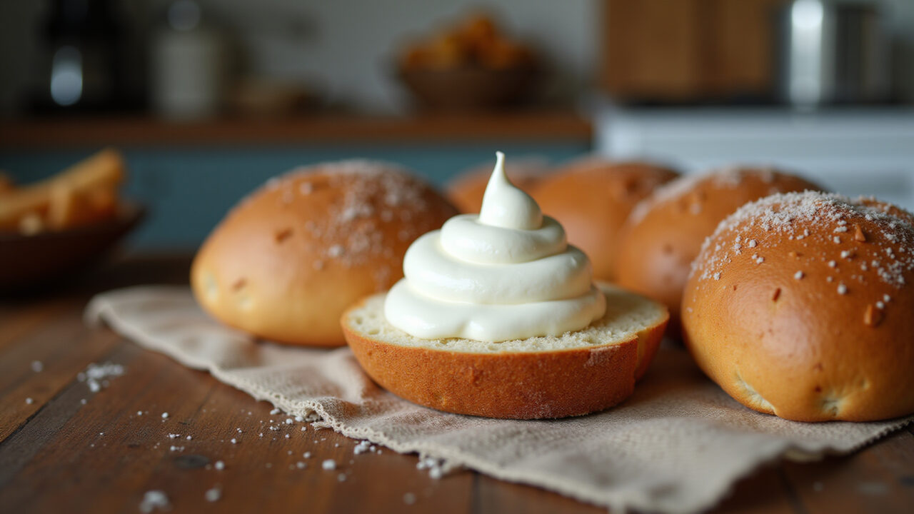 Fluffy bread with natural yogurt, rustic kitchen, Brazilian style. Natural lighting, 8K quality, Pão fofinho com iogurte natural, cozinha rústica brasileira.