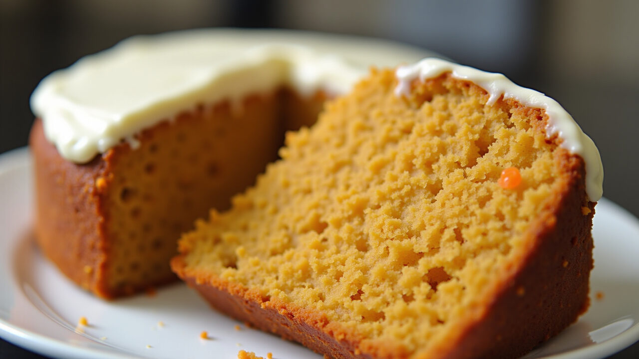 Fluffy carrot cake texture, close-up shot, golden color, kitchen setting, natural light, 8k, sharp Bolo de cenoura fofinho.