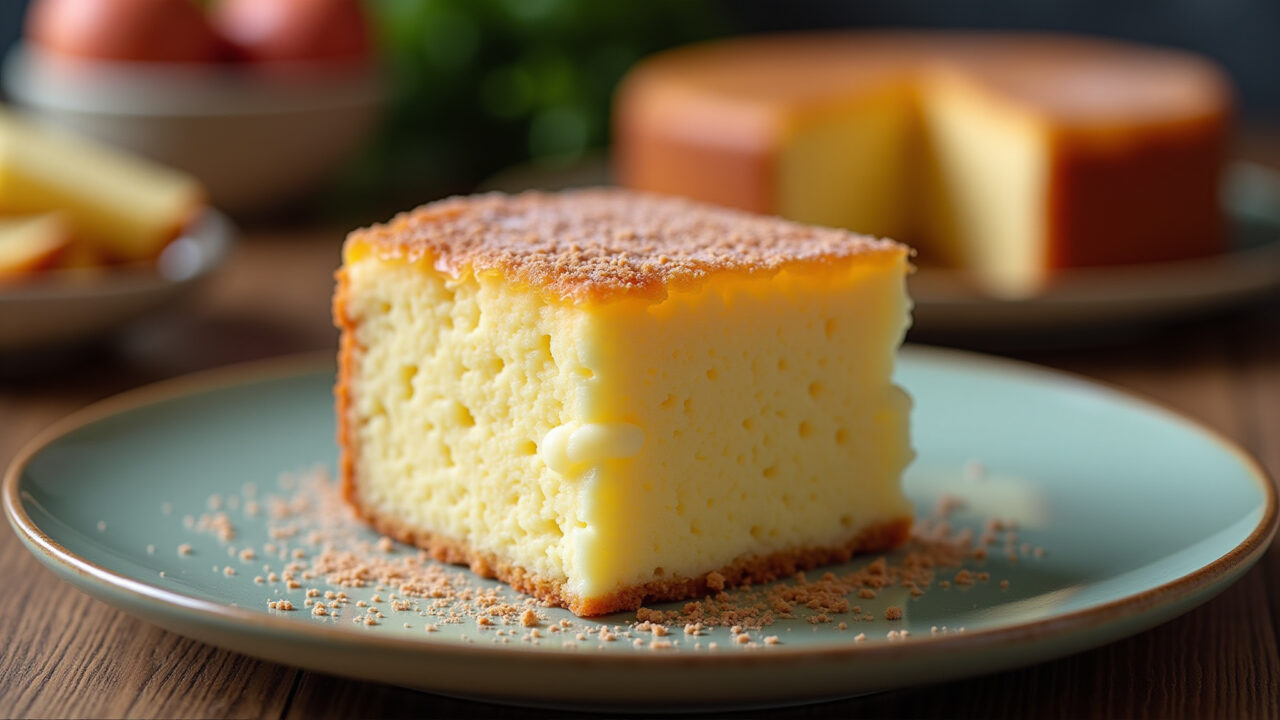 Fluffy condensed milk cake slice, rustic table, professional photography, 8K, sharp focus, natural Fatia de bolo de leite condensado fofinho.