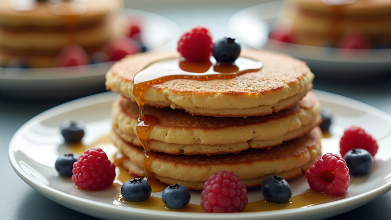 Fluffy whey protein cookie pancake on a plate with fresh berries and a drizzle of honey, natural Panqueca fofinha de whey de cookies