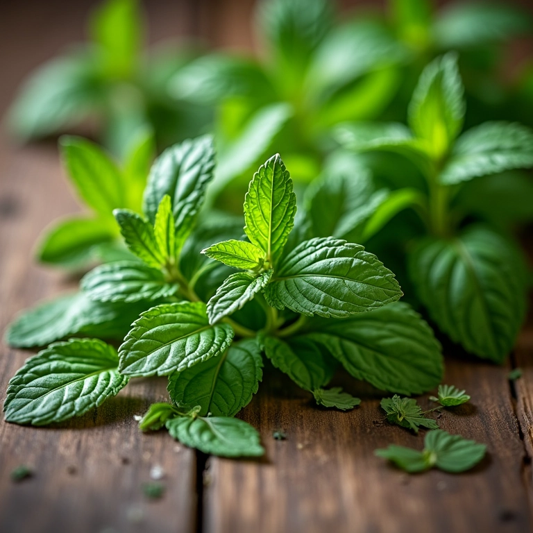 Folhas frescas de hortelã-pimenta em uma mesa de madeira rústica.