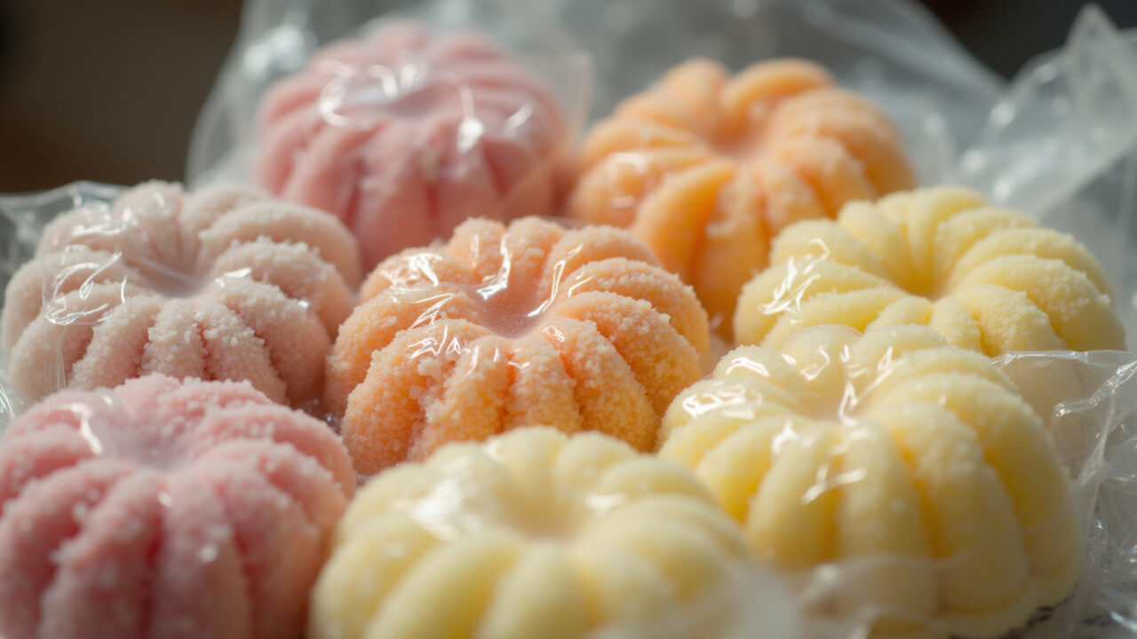 Fondant wrapped in plastic wrap, professional photography, 8K quality, sharp focus, natural Armazenando pasta americana tingida.