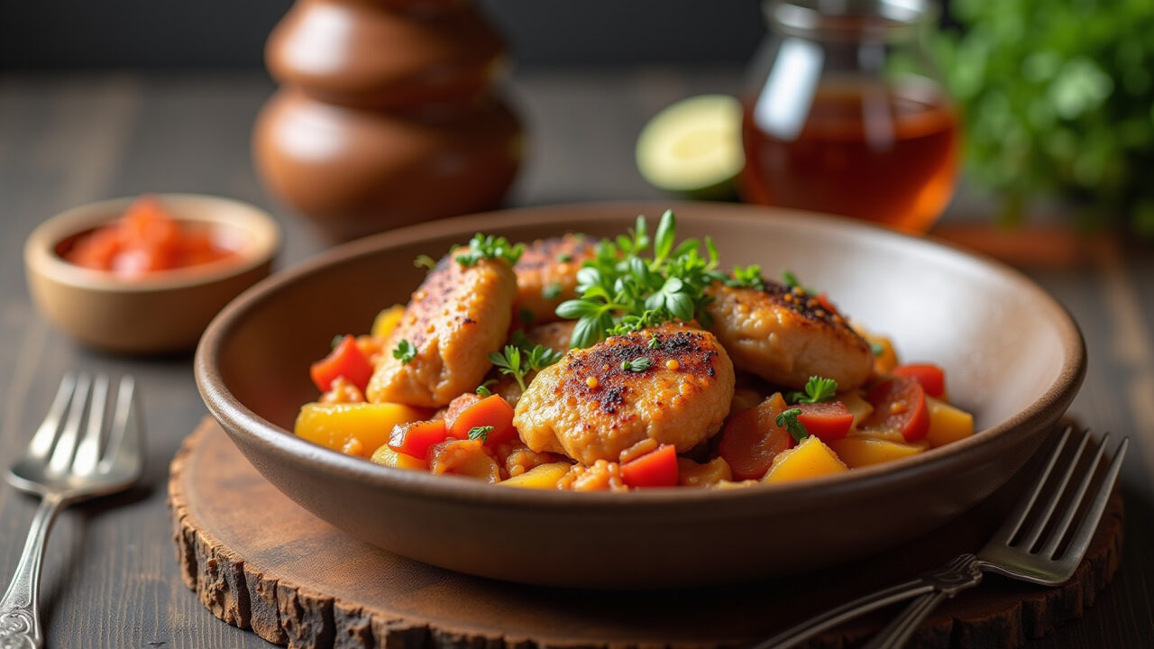 'Frango com Quiabo Mineiro' with Angu, rustic table setting, vibrant colors, natural light, 8k, Frango com Quiabo Mineiro com angu.
