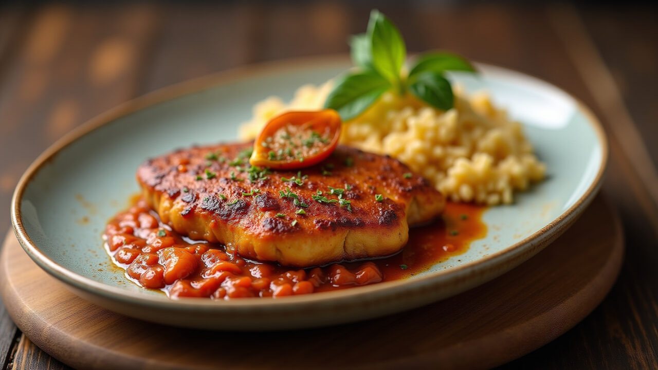 Frango com quiabo served on a rustic wooden table, Brazilian cuisine, professional photography, 8K Frango com quiabo servido em mesa de madeira rústica.