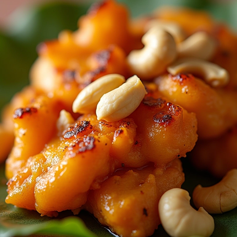Frango xadrez light with cashew nuts on top, close-up, vibrant colors, studio lighting, Frango xadrez light com castanhas de caju.