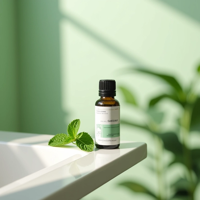 Frasco de óleo essencial de hortelã-pimenta em prateleira de banheiro, energia e refrescância.