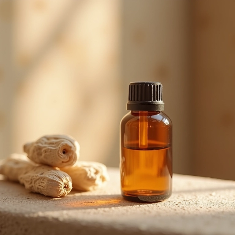Frasco de óleo essencial de sândalo em banheiro estilo spa, para pele seca e meditação.