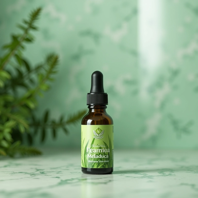 Frasco de óleo essencial de Tea Tree perto de chuveiro, promovendo pele limpa.