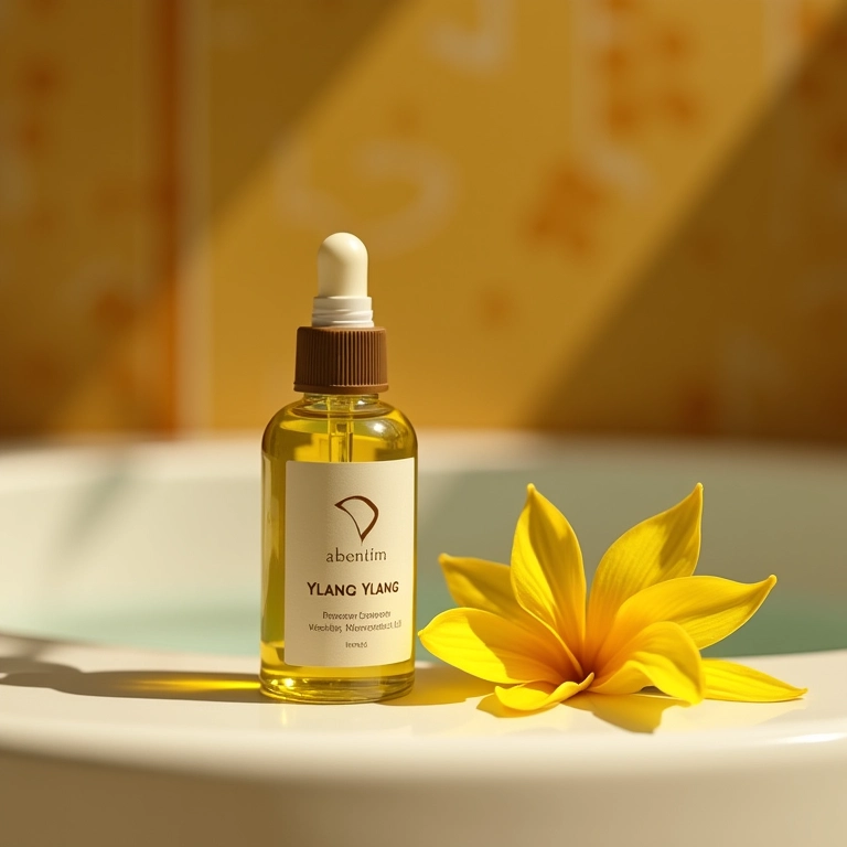 Frasco de óleo essencial de Ylang Ylang perto de banheira, sensualidade e bem-estar.