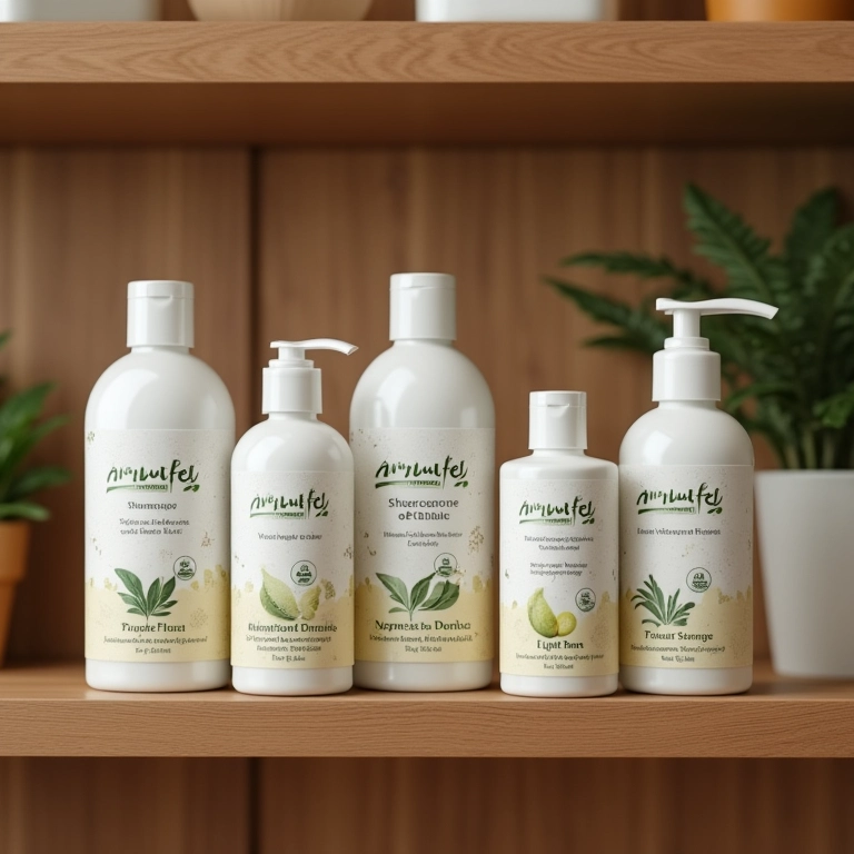 Frascos de shampoo sem sulfato em prateleira de madeira.