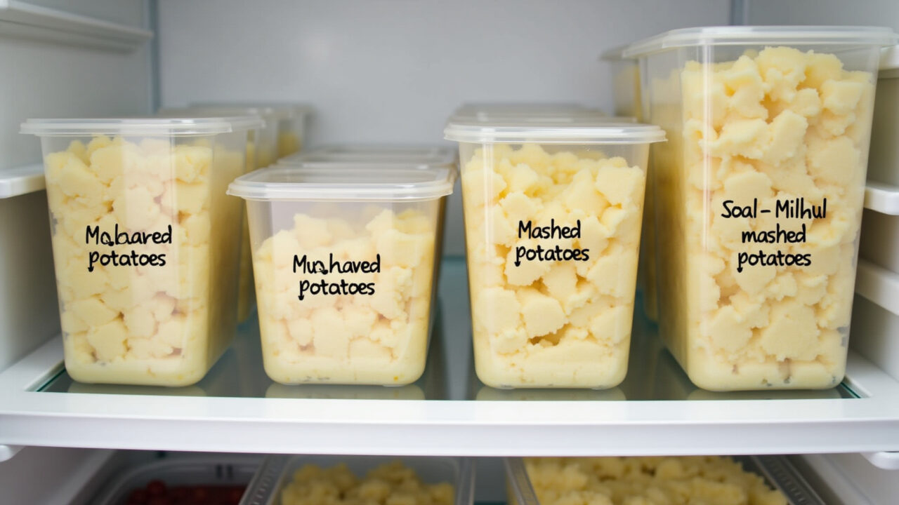Freezer with labeled containers of mashed potatoes. Organization concept. 8K, sharp focus, Purê de batata congelado no freezer.