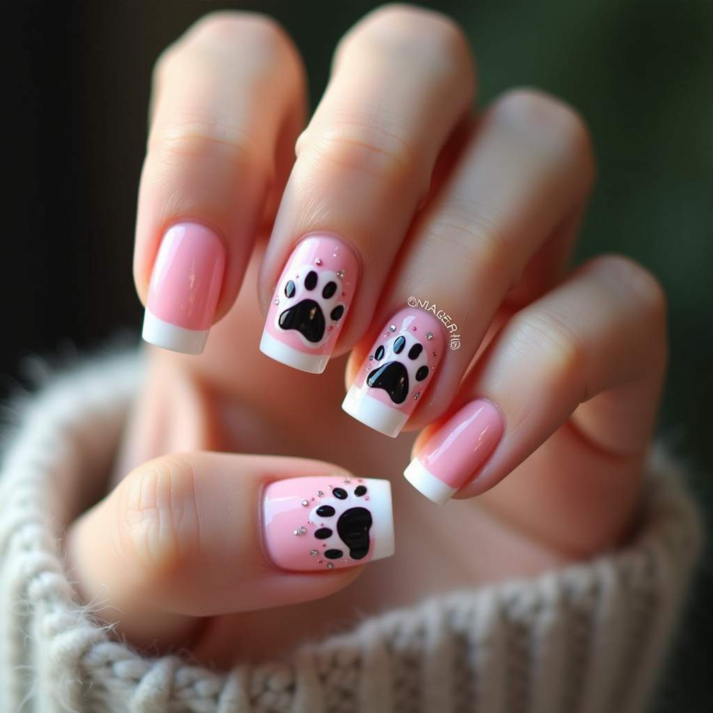 French manicure with paw print details, thematic twist, vibrant colors, natural lighting, 8K Francesinha temática com patinhas de cachorro.