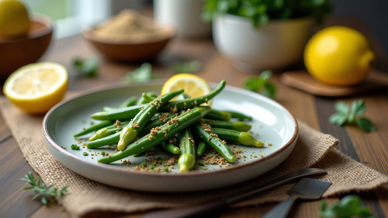 Fresh baked okra with lemon and herbs, bright colors, rustic table, natural light, lifestyle Quiabo com limão e ervas finas.