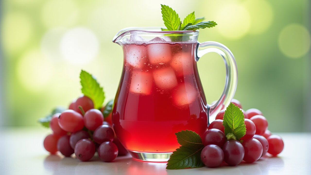 Fresh homemade grape juice, glass pitcher, ice cubes, mint leaves, bright background, 8K quality, Suco integral de uva caseiro servido em jarra com hortelã.