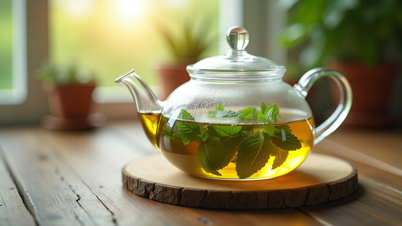 Fresh mint leaves steeping in a glass teapot, sunlight filtering through, Brazilian-style table Chá de hortelã fresco para combater gases e cólicas.