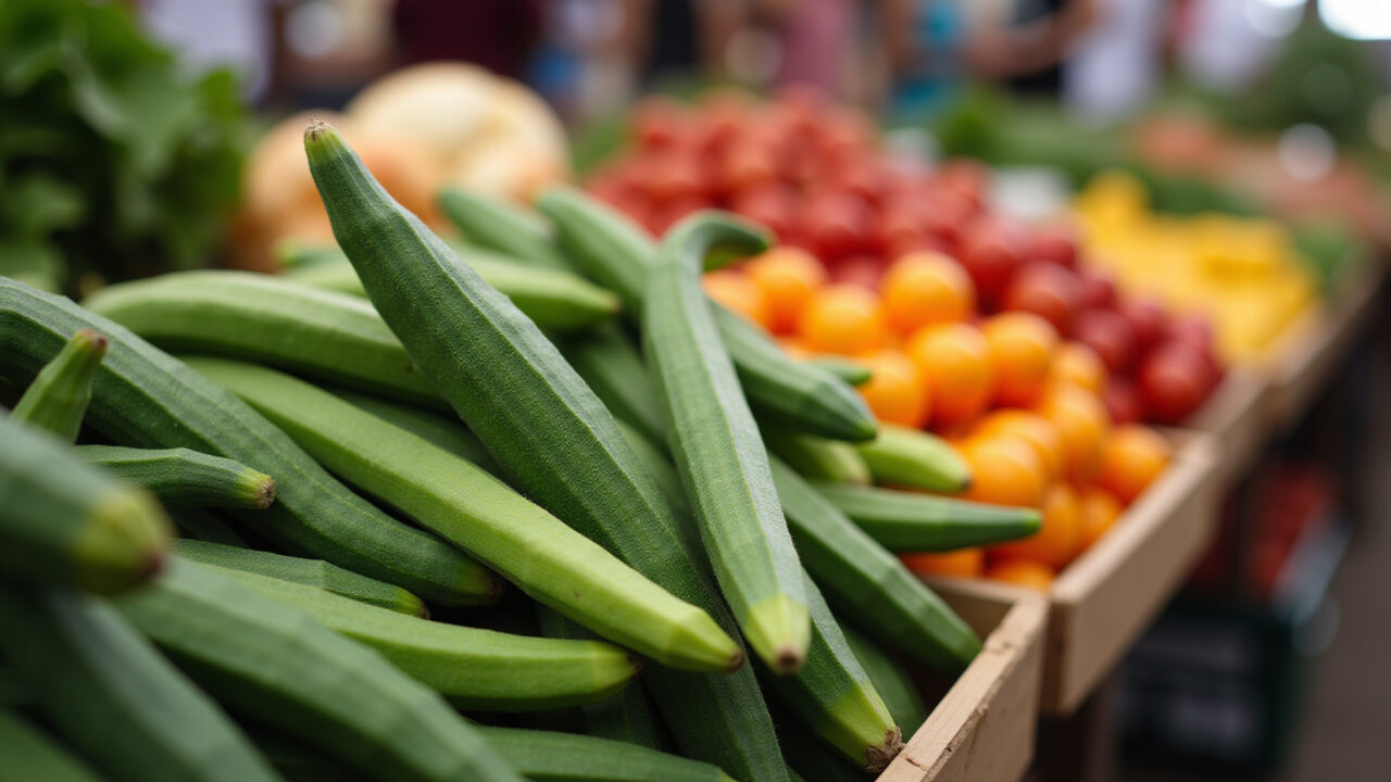 Fresh okra at a Brazilian farmers market, vibrant colors, natural light. Commercial photography, 8K Quiabo fresco no mercado brasileiro.