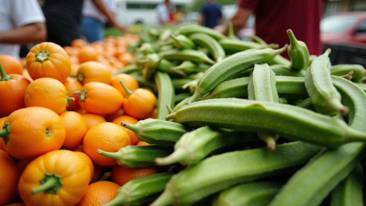 Fresh okra at a Brazilian farmers market, vibrant colors, natural light, 8k, professional Quiabo fresco em feira livre brasileira.