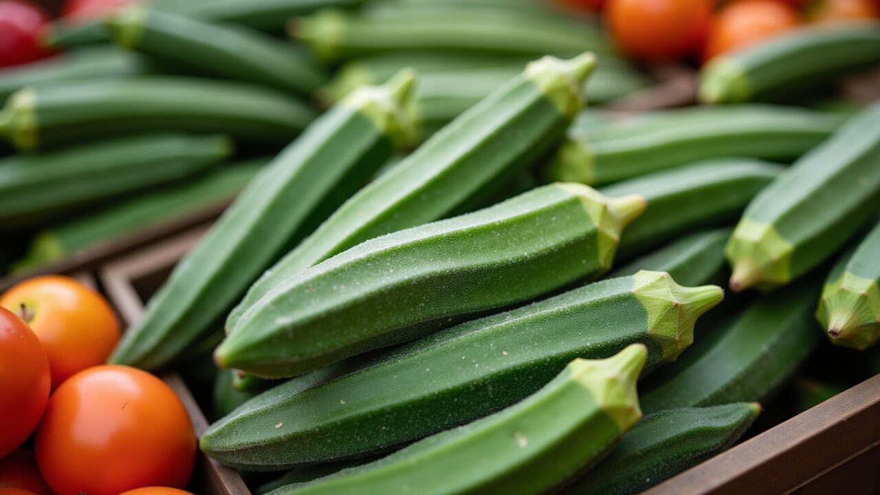 Fresh okra at farmers market, quality selection, vibrant colors, natural light, commercial Quiabo fresco no mercado, seleção de qualidade.