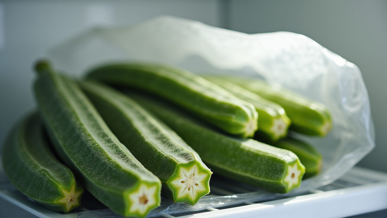 Fresh okra being stored in a perforated plastic bag in the refrigerator. Natural lighting, 8K Armazenando quiabo fresco na geladeira.